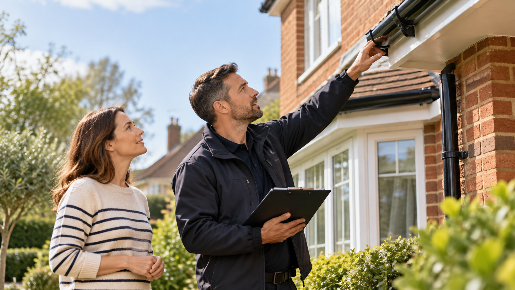 A homeowner and maintenance professional inspecting guttering outside a house