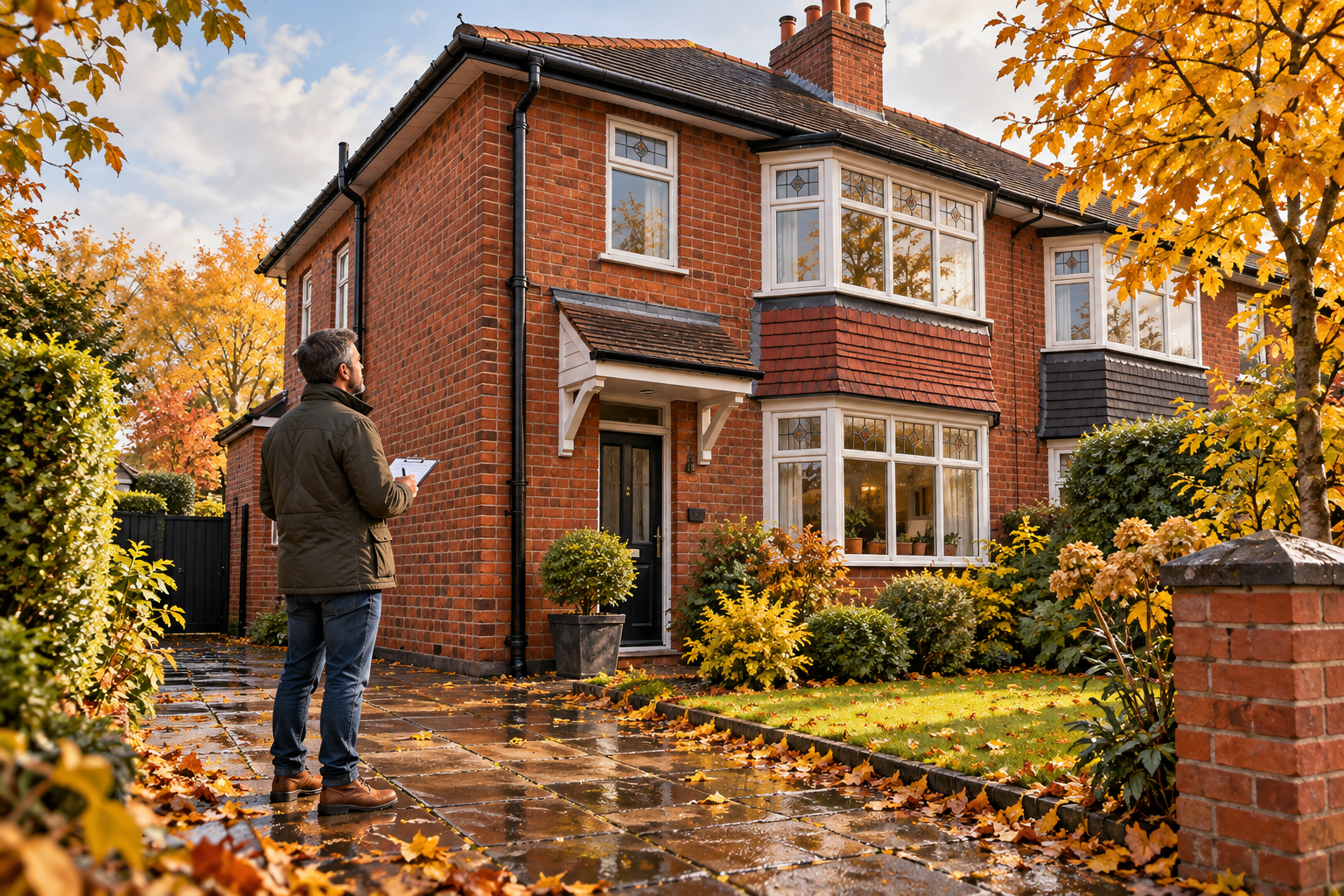 Illustration of a homeowner checking a red-brick house from ground level among autumn leaves.