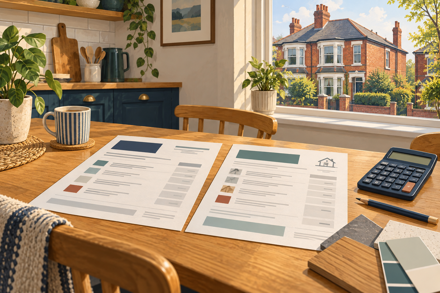 Illustration of two repair quotations, a calculator and material samples on a table overlooking a red-brick house.