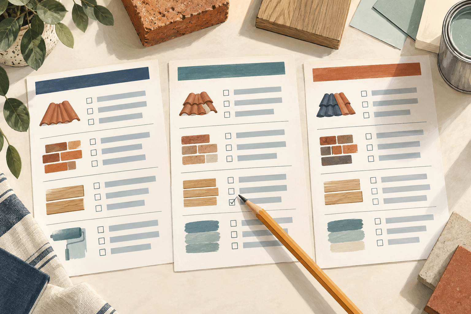 Overhead illustration of three repair quotation checklists beside brick, timber and paint samples.