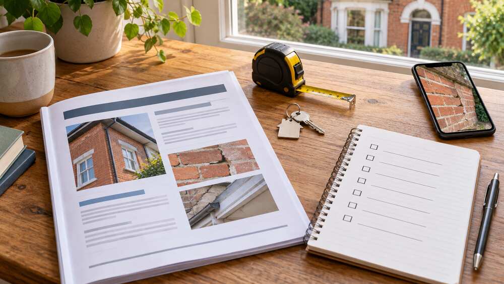 Survey report, property photographs and inspection checklist arranged on a desk beside a house key.