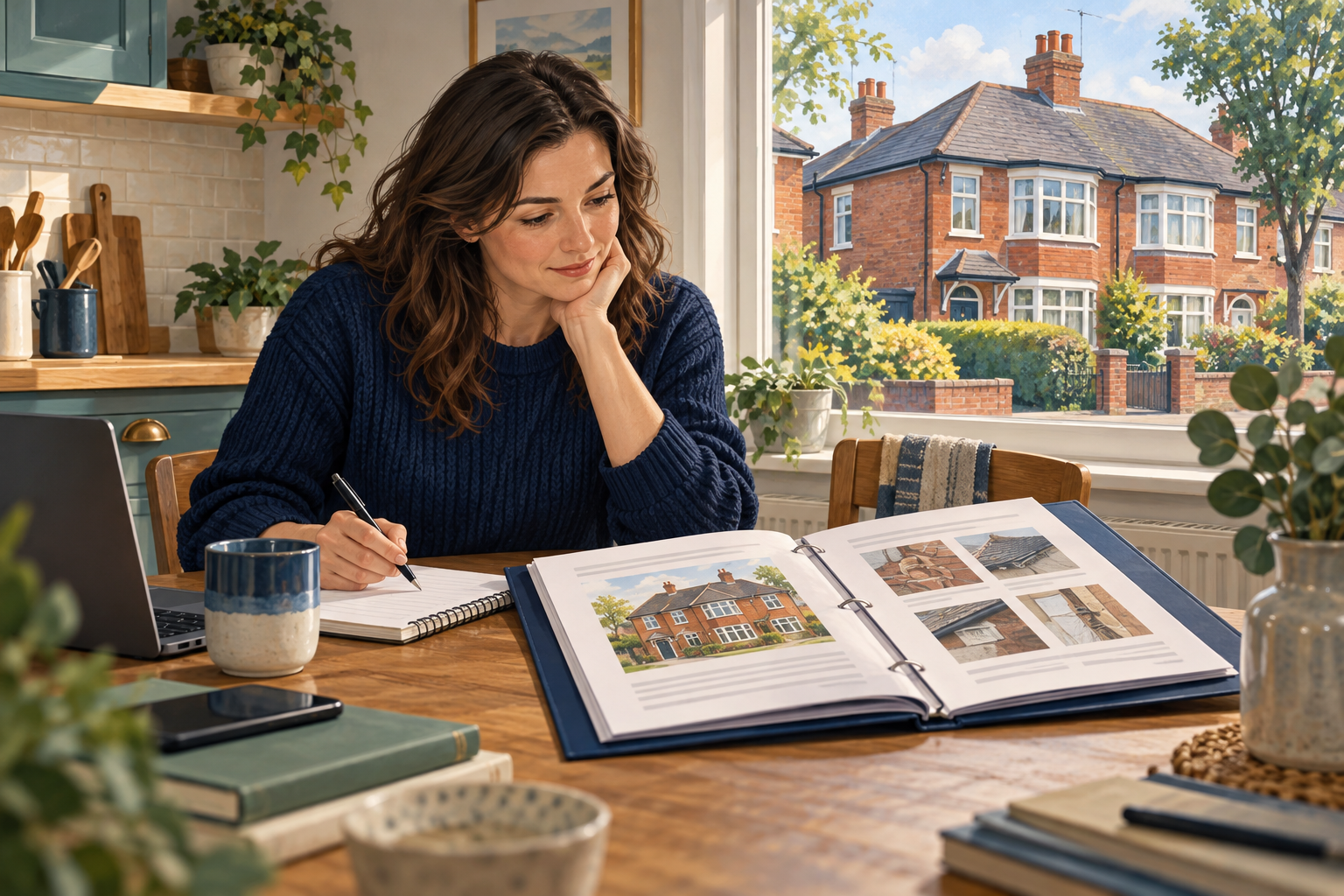 Illustration of a homebuyer reading a survey and writing questions beside a window overlooking a red-brick house.