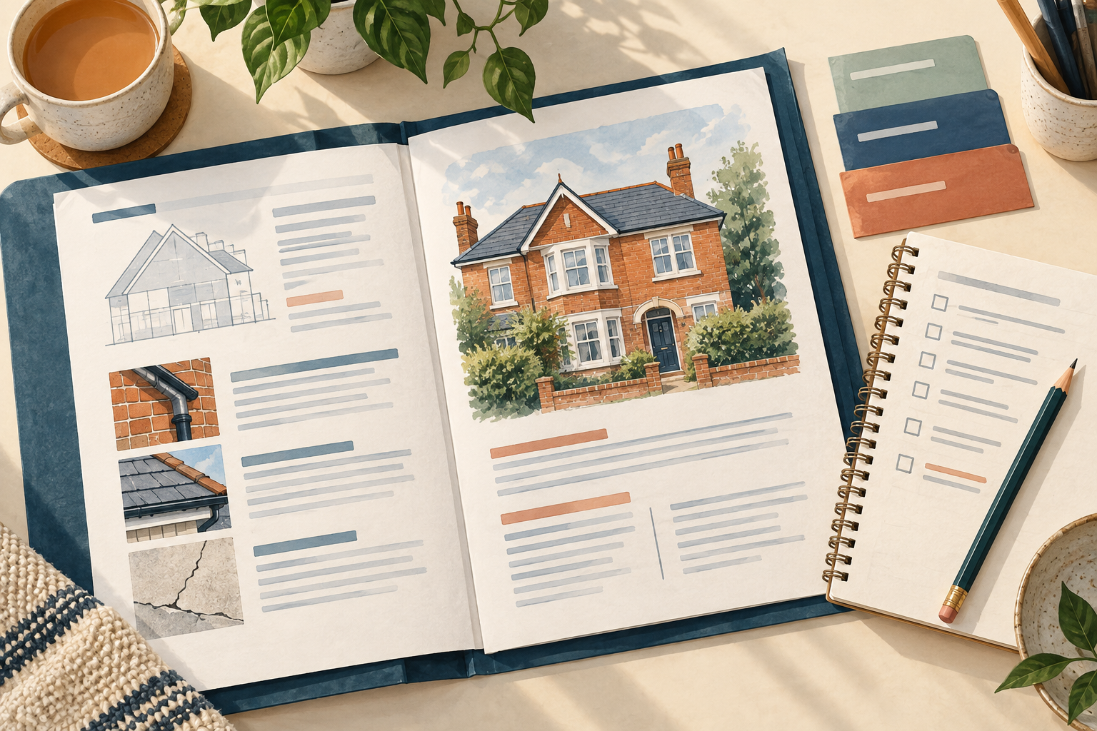 Illustrated survey folder, notebook and pencil arranged for preparing questions about a property report.
