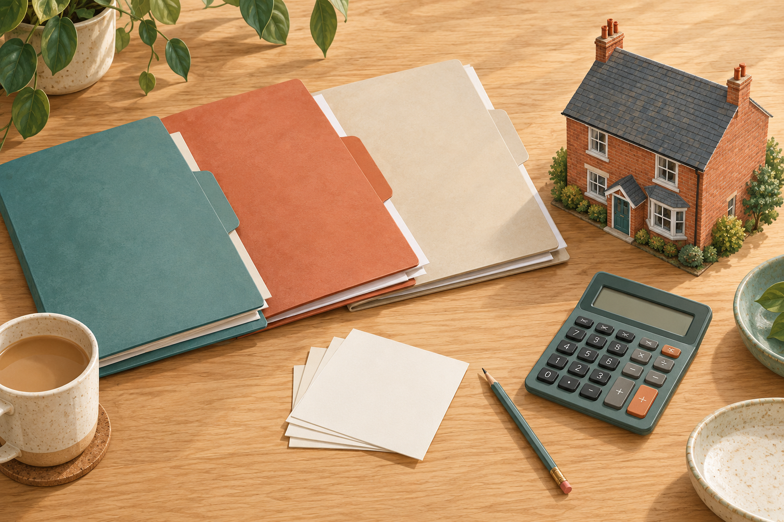 Illustration of organised folders, a calculator and a house model for weighing a property purchase decision.