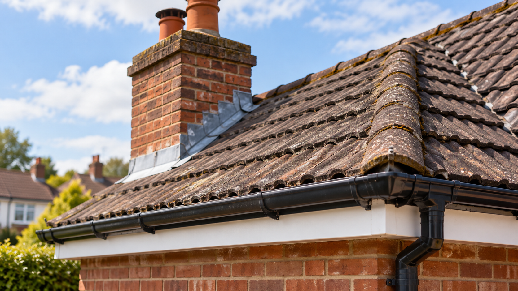 A tiled roof, chimney and guttering in daylight
