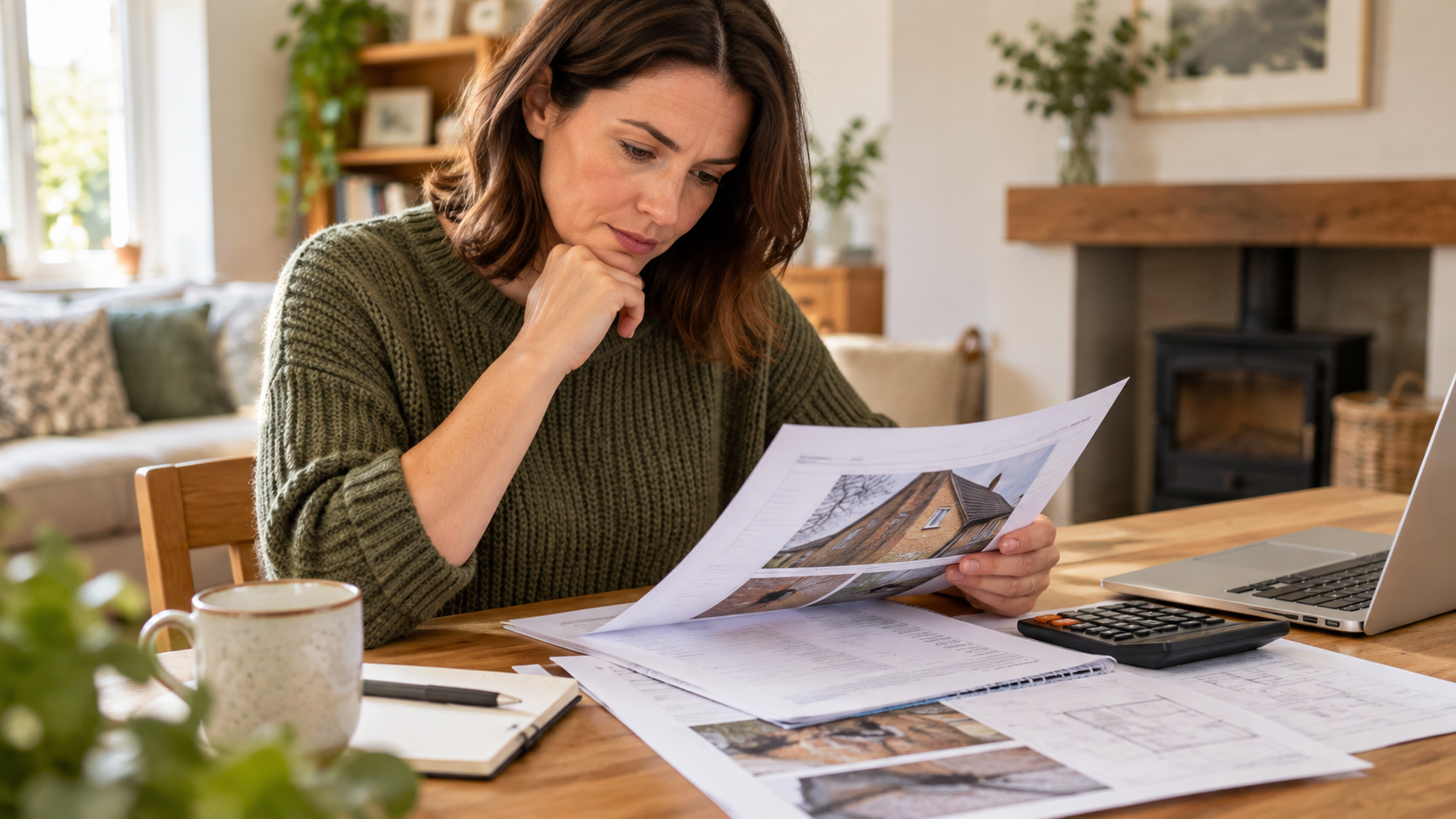 A homeowner reviewing a property survey report and repair costs